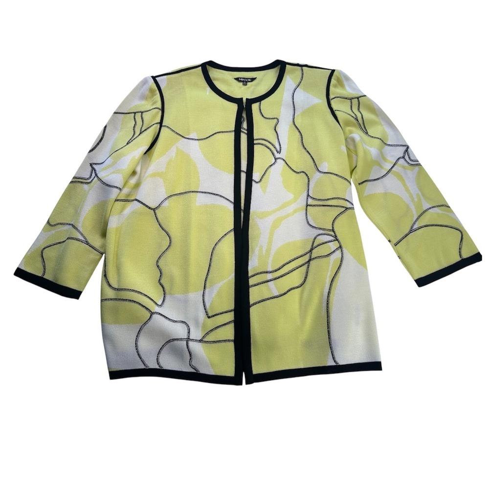Misook Cardigan Women XL Yellow Abstract Open Front Knit Jacket